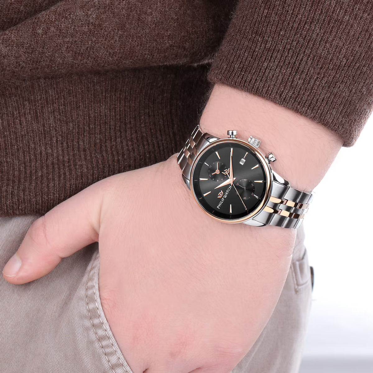 Orologio Uomo Philip Watch in acciaio satinato con finiture oro rosa e cassa 40mm