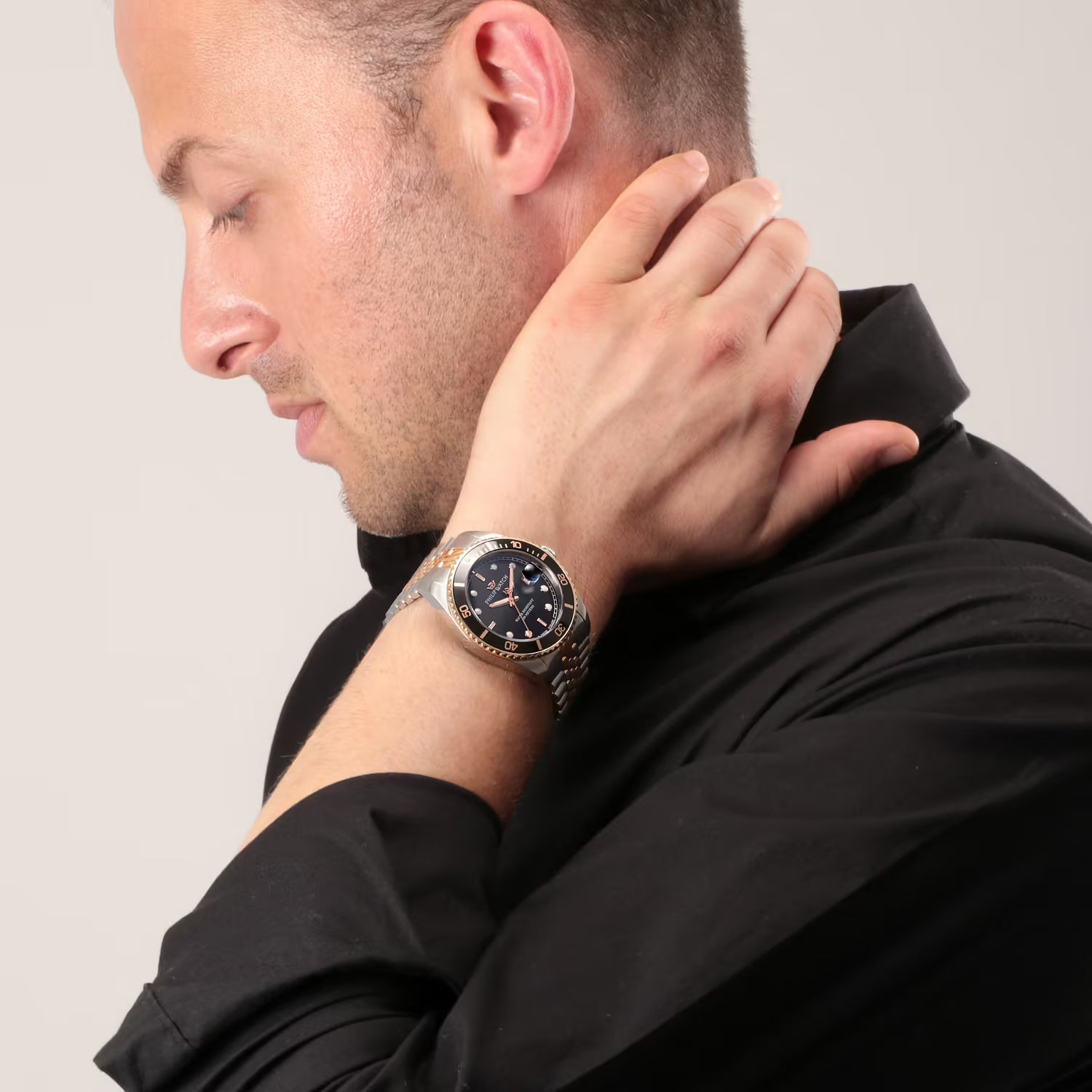 Orologio Philip watch acciaio quadrante nero ghiera nera e rosato cinturino bicolore