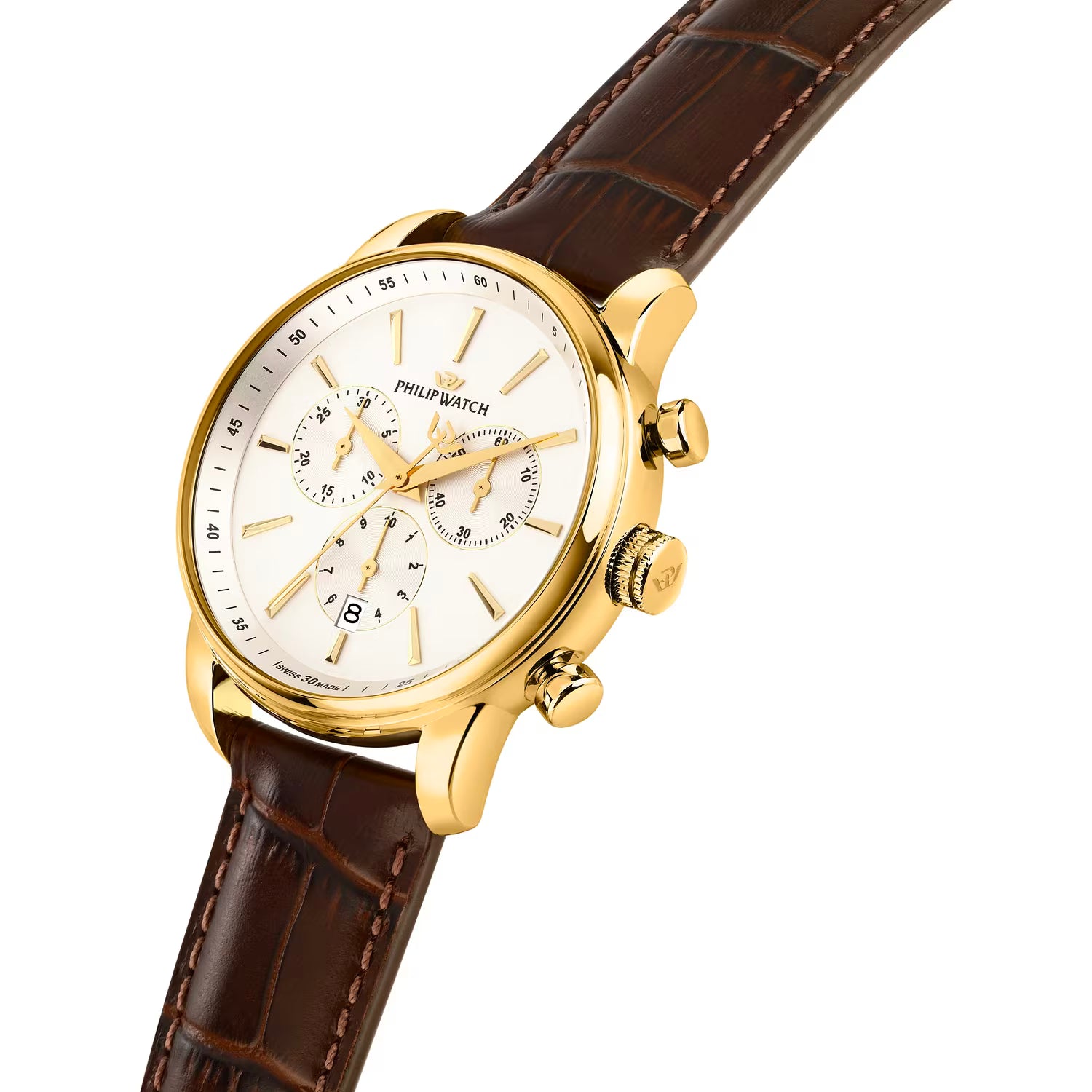 Orologio Philip Watch cronografo in acciaio dorato con cinturino di pelle marrone