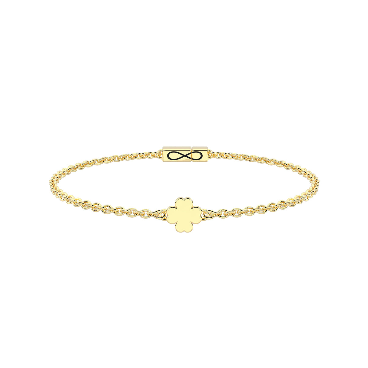Bracciale Kidult Infinity in acciaio dorato a catena con quadrifoglio centrale