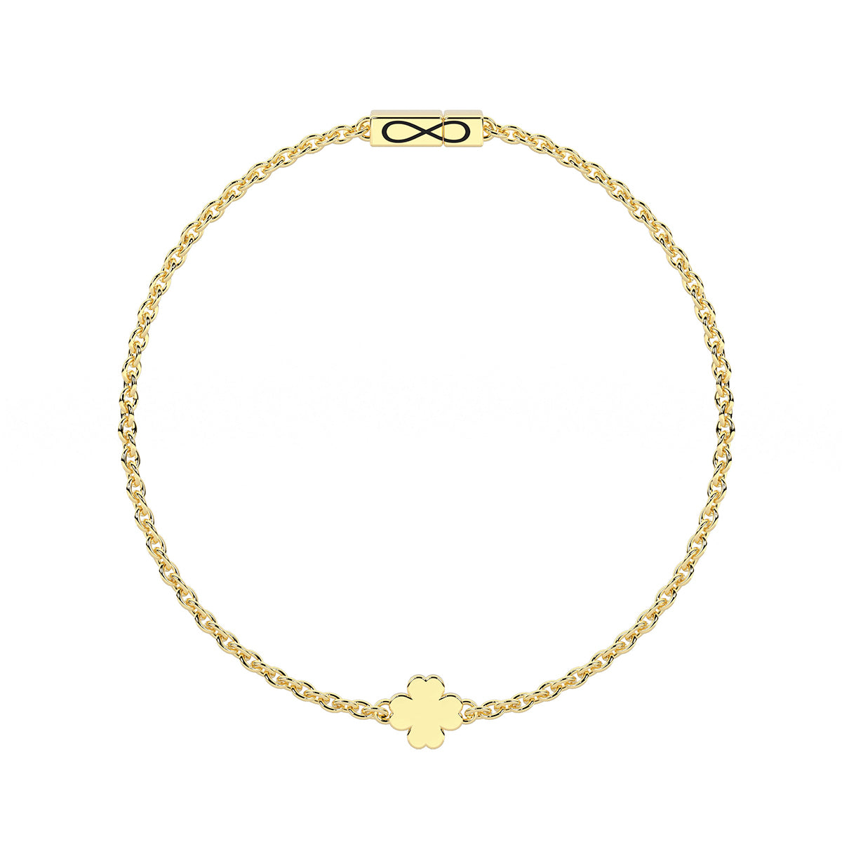 Bracciale Kidult Infinity in acciaio dorato a catena con quadrifoglio centrale