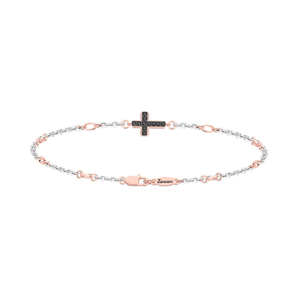 Bracciale Zancan in oro bianco con elementi in oro rosa con croce con diamanti neri da un lato e bianchi dall'altro