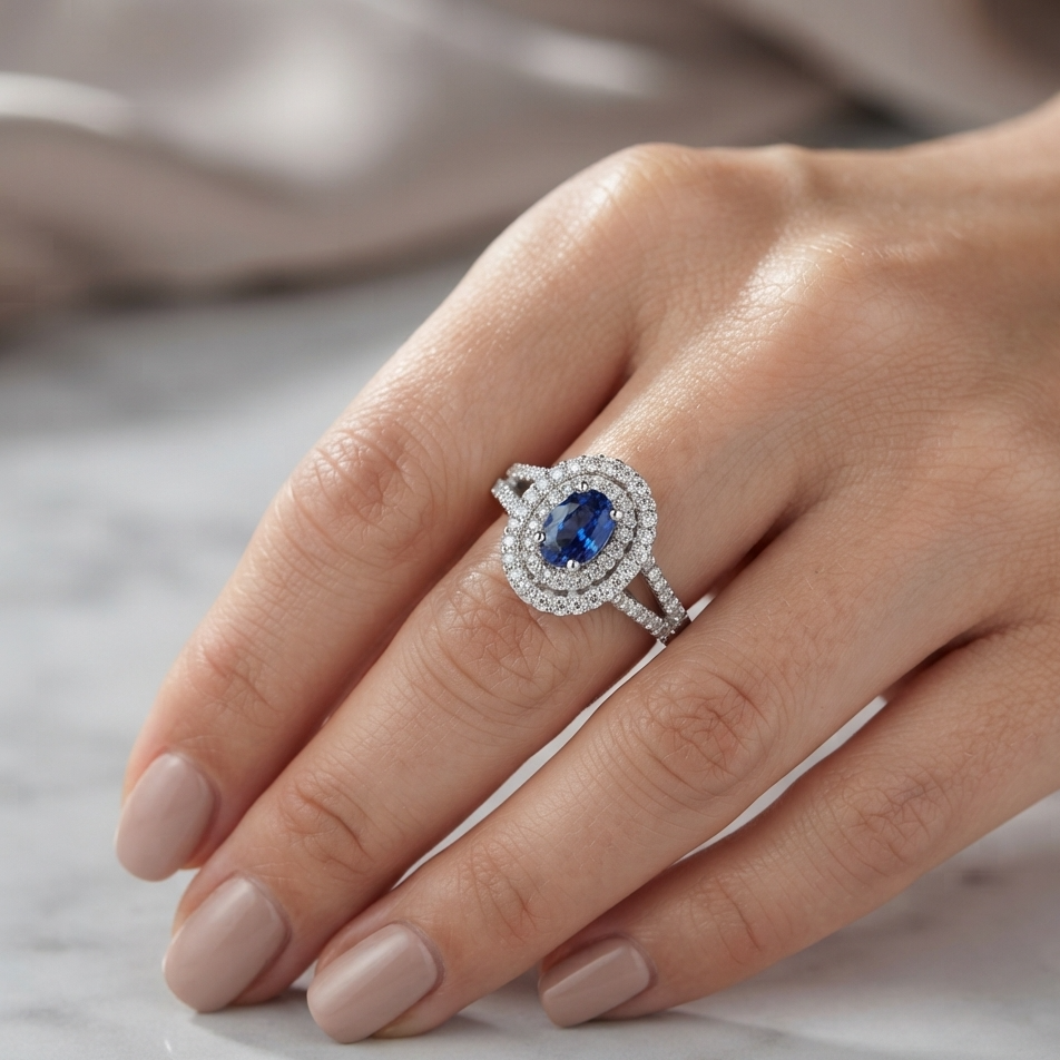 Anello Foè gioielli in oro bianco zaffiro contornato da due file di diamanti e diamanti sul gambo