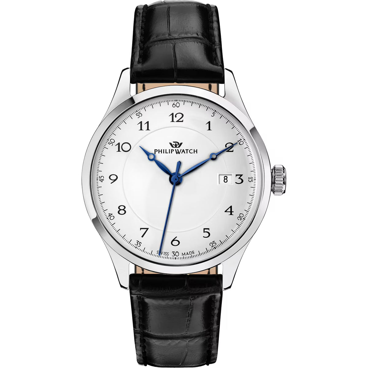 Orologio Philip Watch Museum in acciaio quadrante bianco cinturino in pelle nera