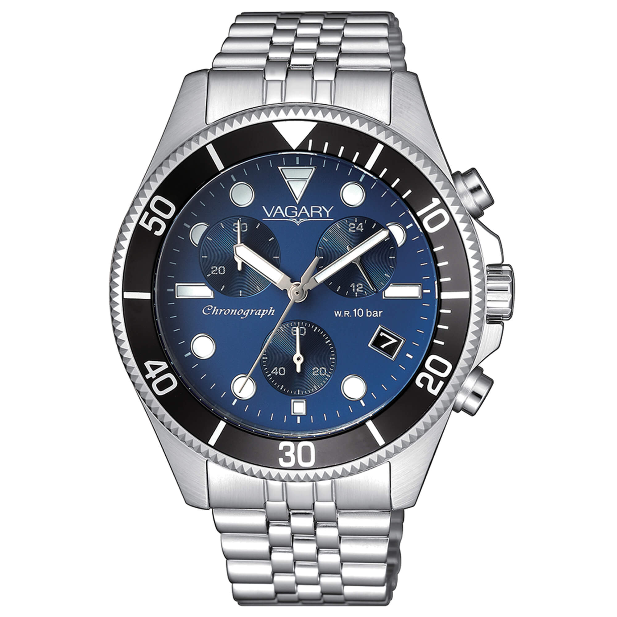 Orologio Vagary cronografo in acciaio con quadrante blu e ghiera nera