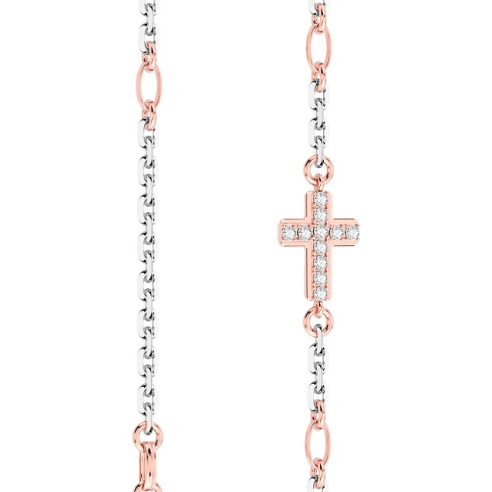 Collana Zancan in oro bianco con elementi in oro rosa con croce con diamanti neri da un lato e bianchi dall'altro