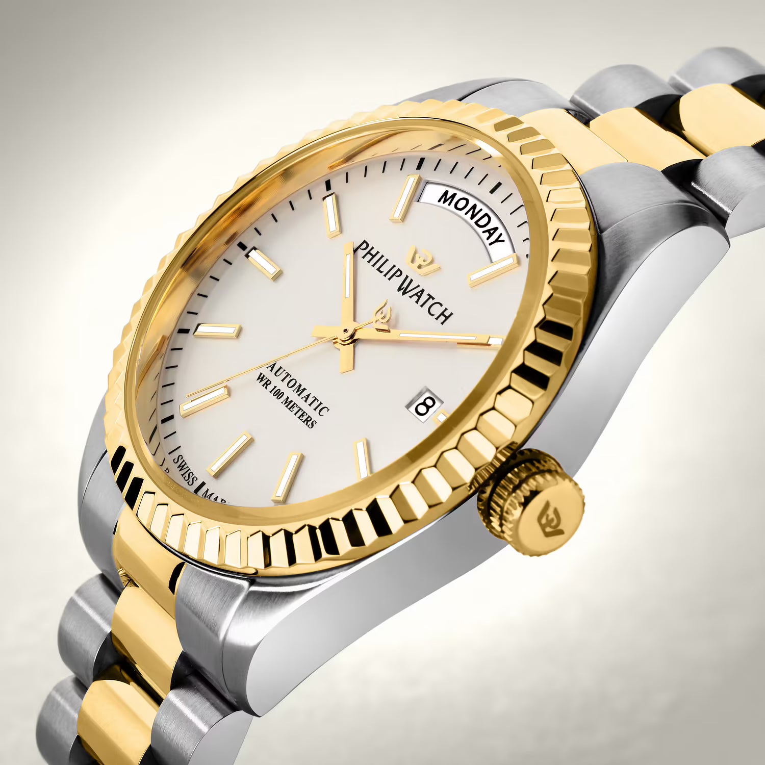 Orologio Philip Watch in acciaio automatico con quadrante bianco cinturino bicolore