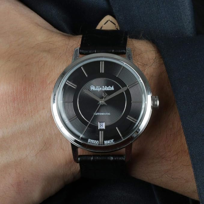 Orologio Philip Watch automatico con cinturino di pelle nero e cassa in acciaio