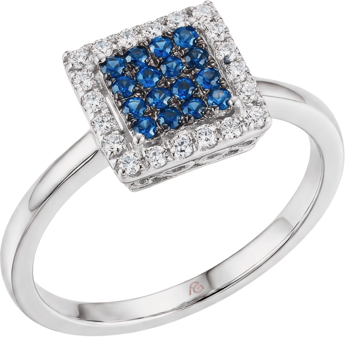 Anello Foè gioielli in oro bianco con pavè quadrato con zaffiri e diamanti