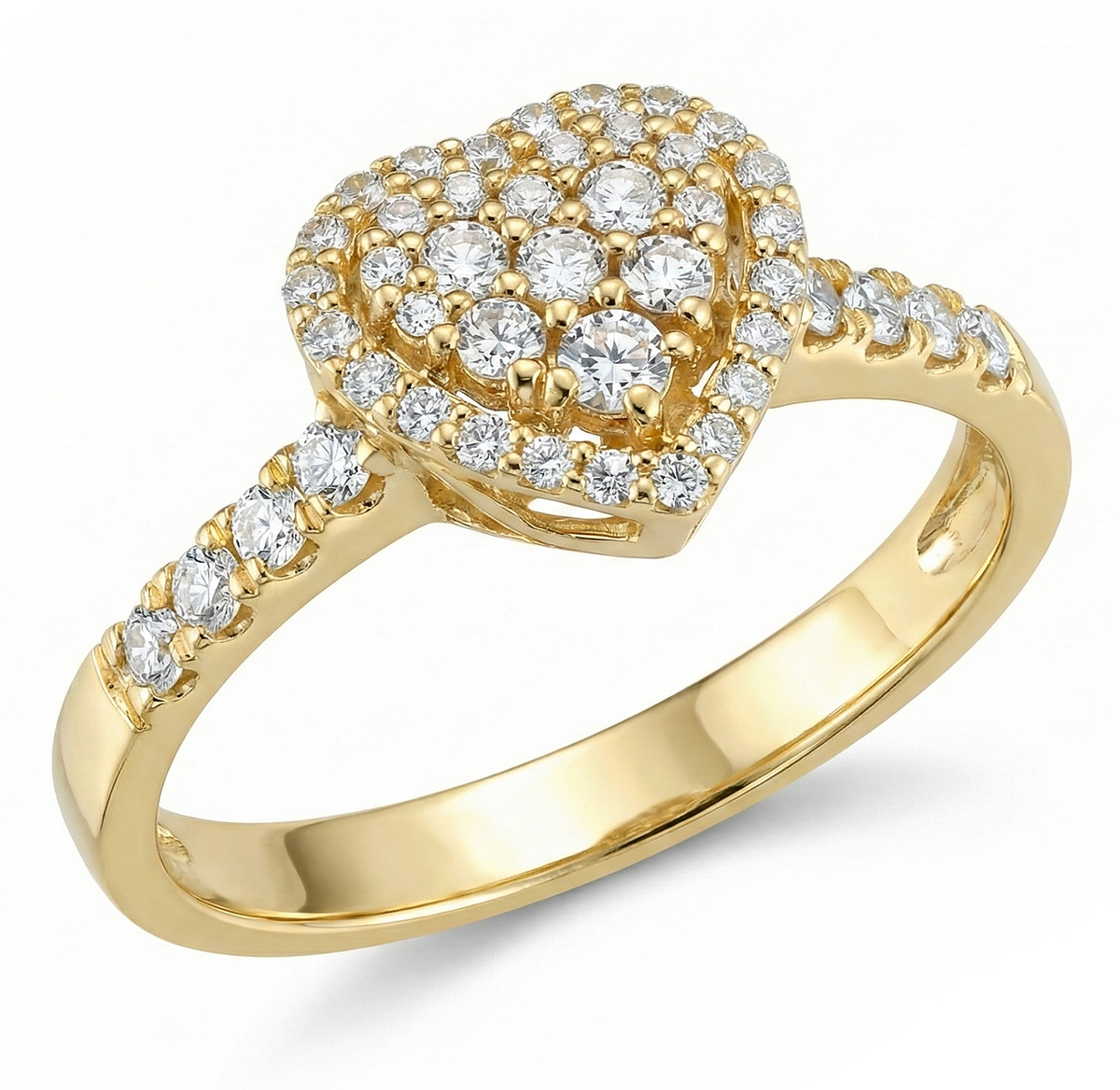 Anello Foè gioielli in oro giallo con diamanti disposti a cuore con diamanti a contorno e sul gambo