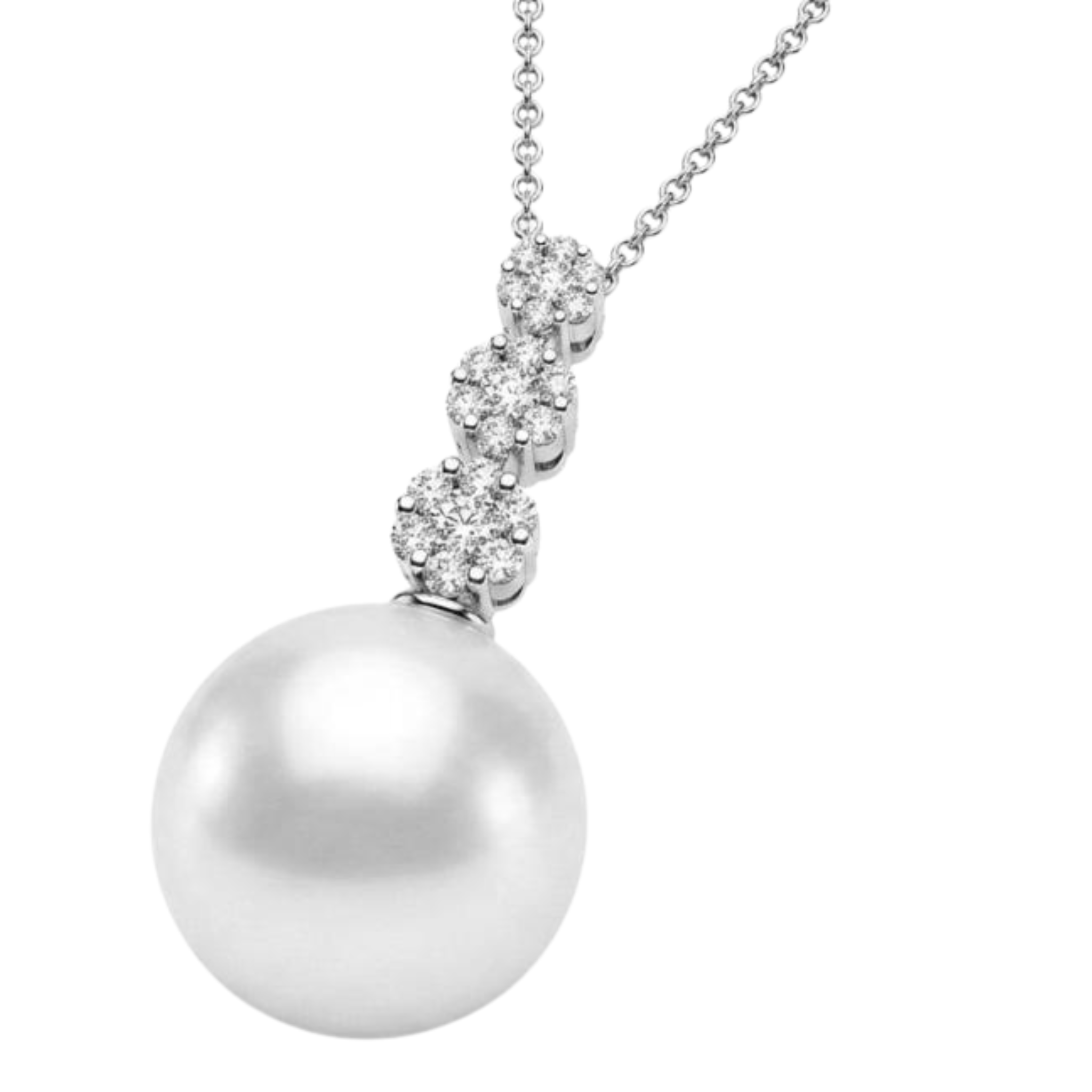 Collana Foè gioielli in oro bianco con pendente con tre elementi con diamanti a fiore e perla