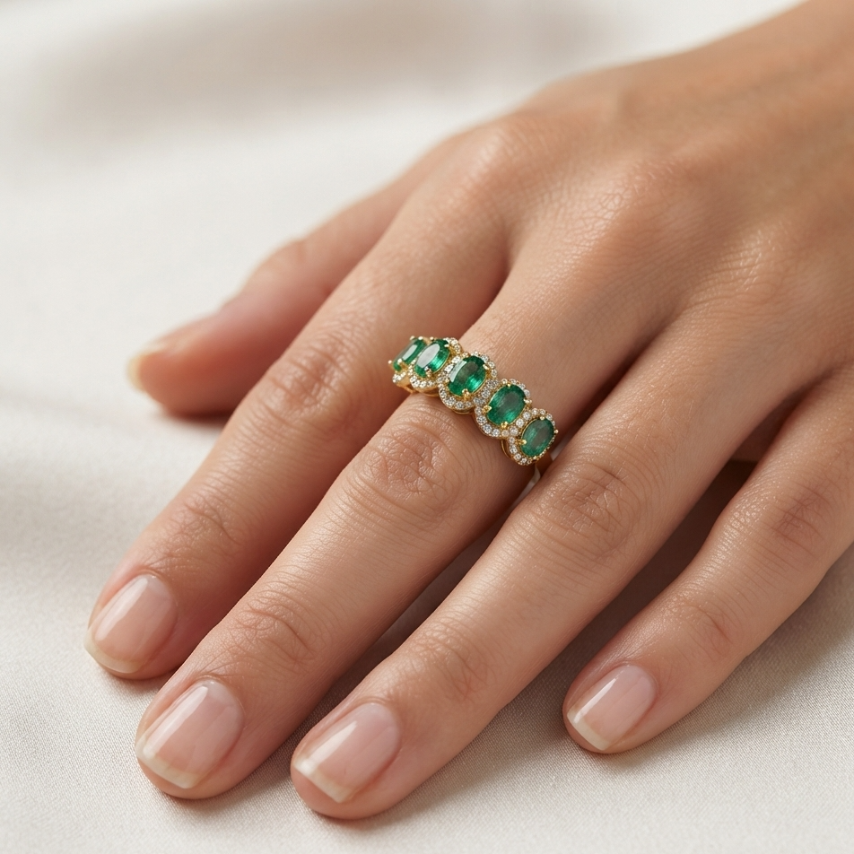 Anello Foè gioielli in oro giallo veretta con smeraldi con contorno di diamanti
