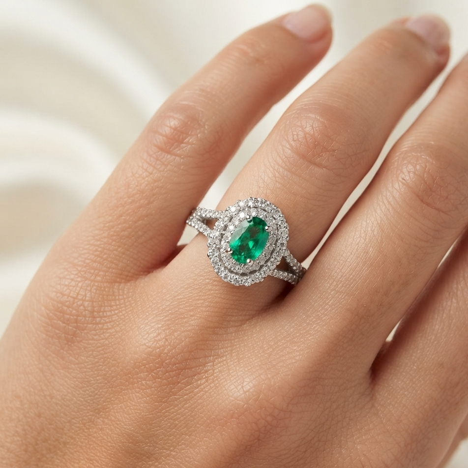Anello Foè gioielli in oro bianco smeraldo contornato da due file di diamanti e diamanti sul gambo