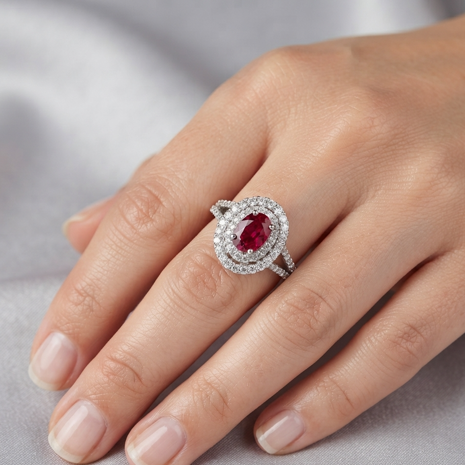 Anello Foè gioielli in oro bianco con rubino contornato da due file di diamanti e diamanti sul gambo