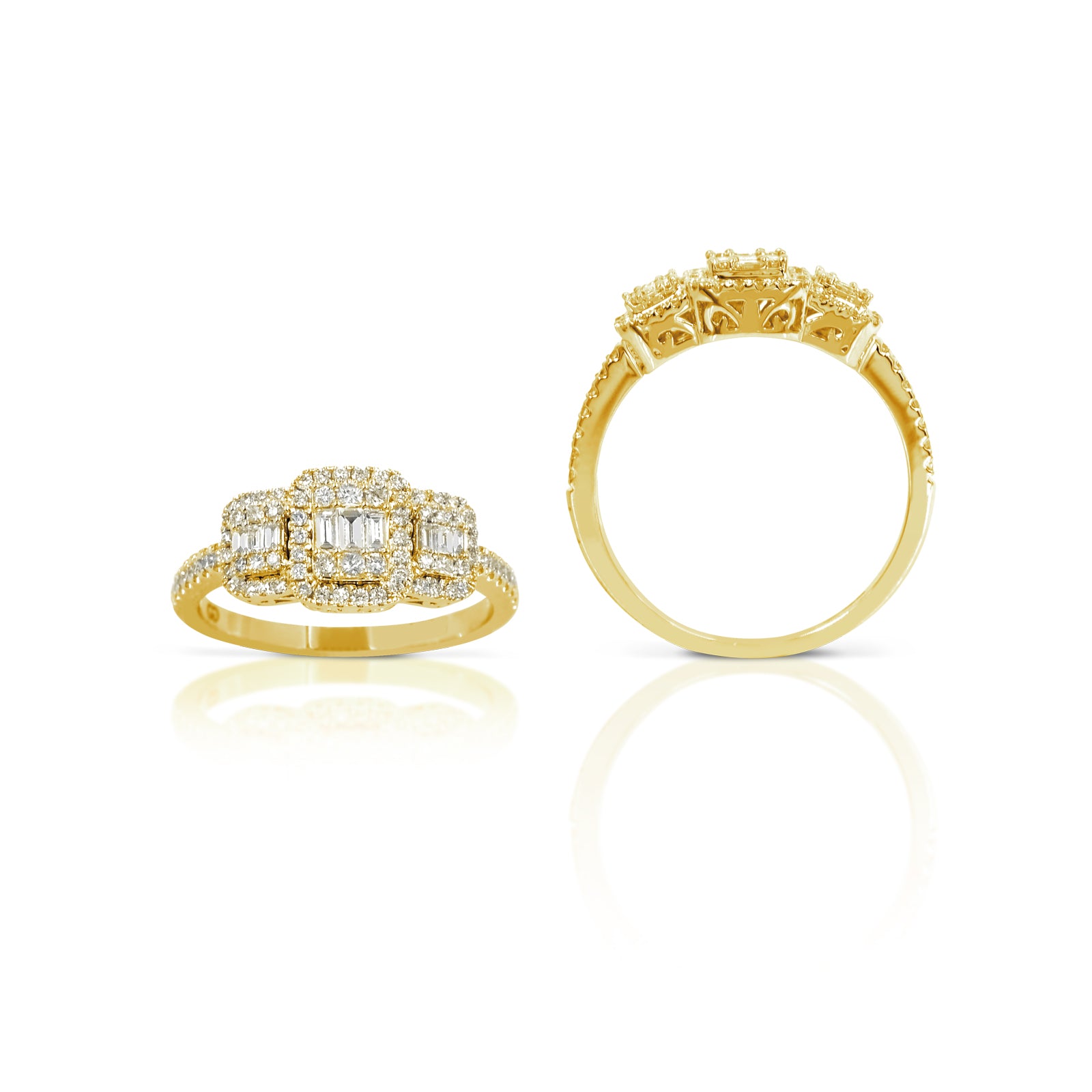 Anello Gianni Carità in oro giallo con centrale composto da tre elementi con diamanti baguette con contorno di diamanti