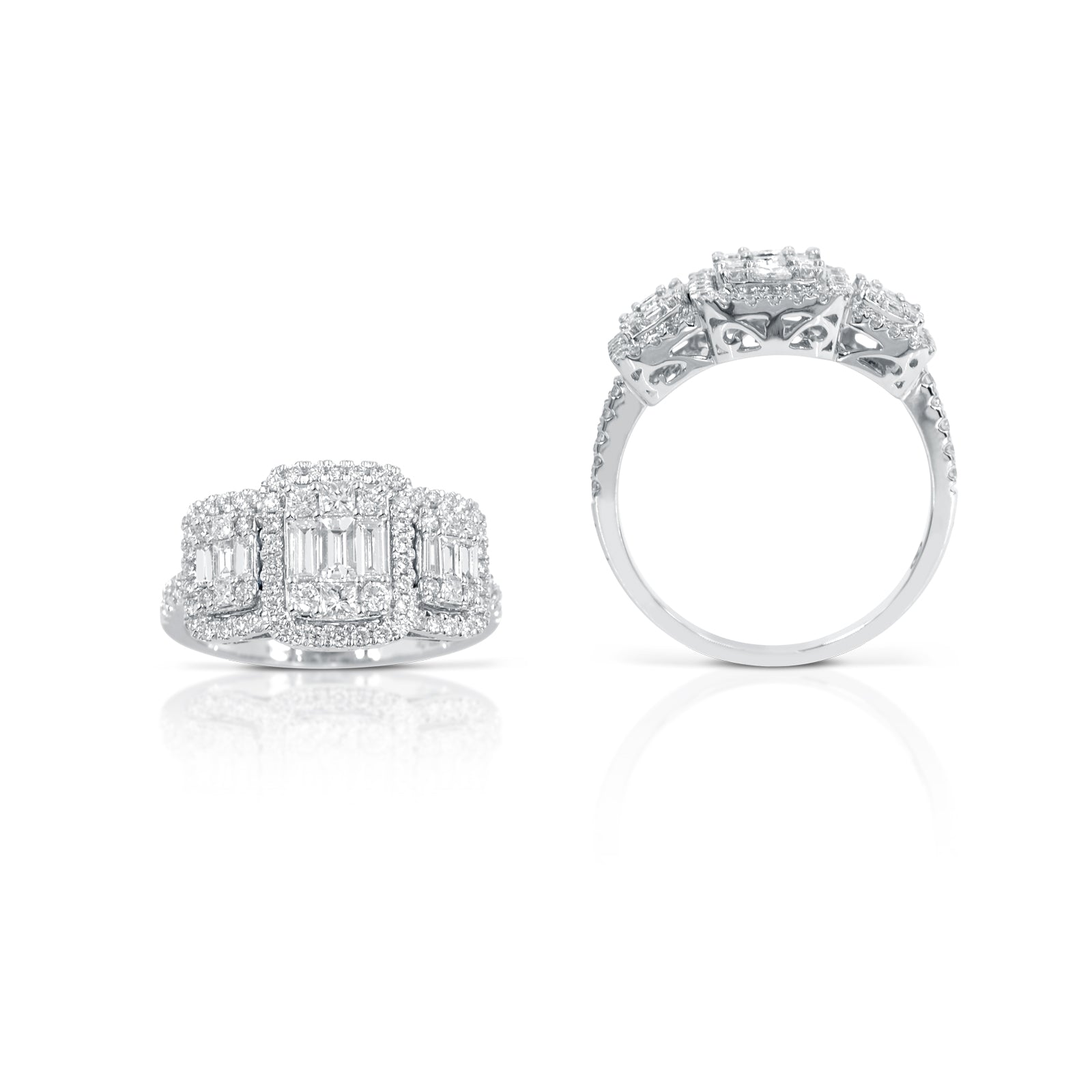 Anello Gianni Carità in oro bianco con centrale composto da tre elementi con diamanti baguette con contorno di diamanti