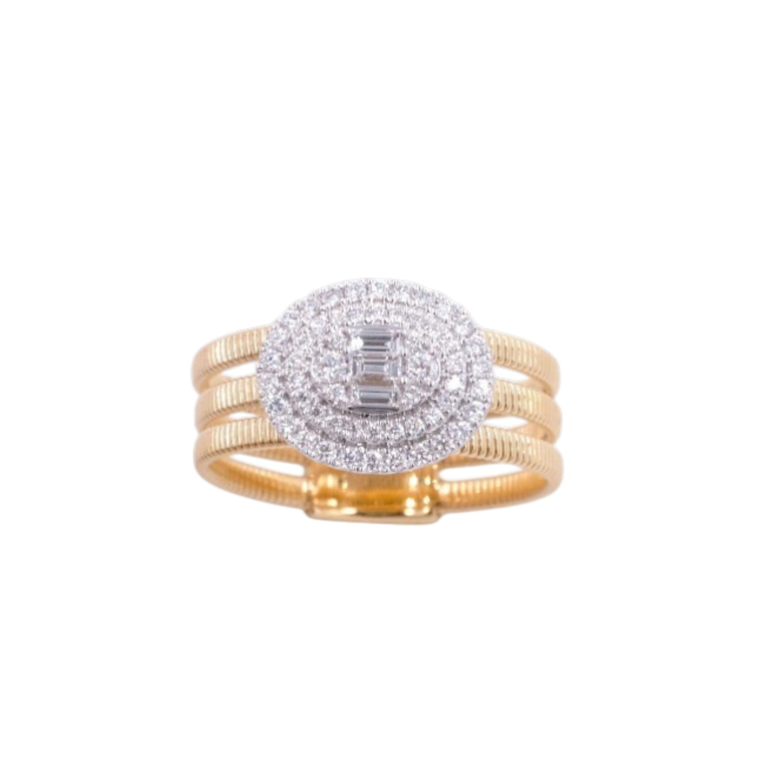 Anello Gianni Carità con tre linee in oro giallo e diamanti disposti a ovale collezione Aurea