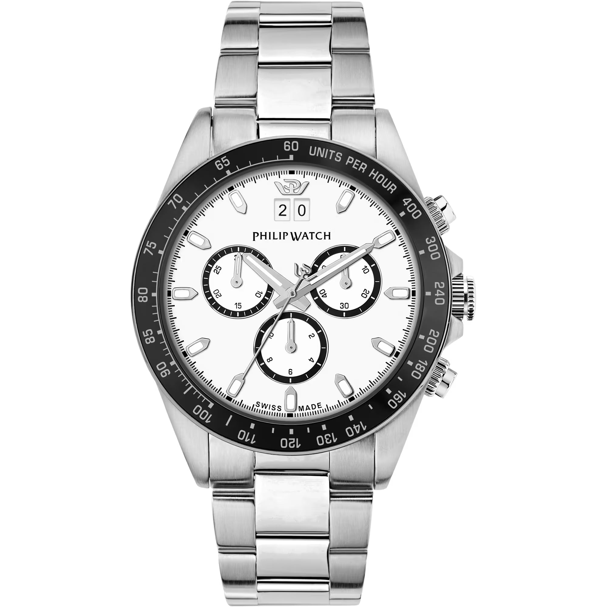 Orologio Philip Watch crono in acciaio quadrante bianco lunetta nera