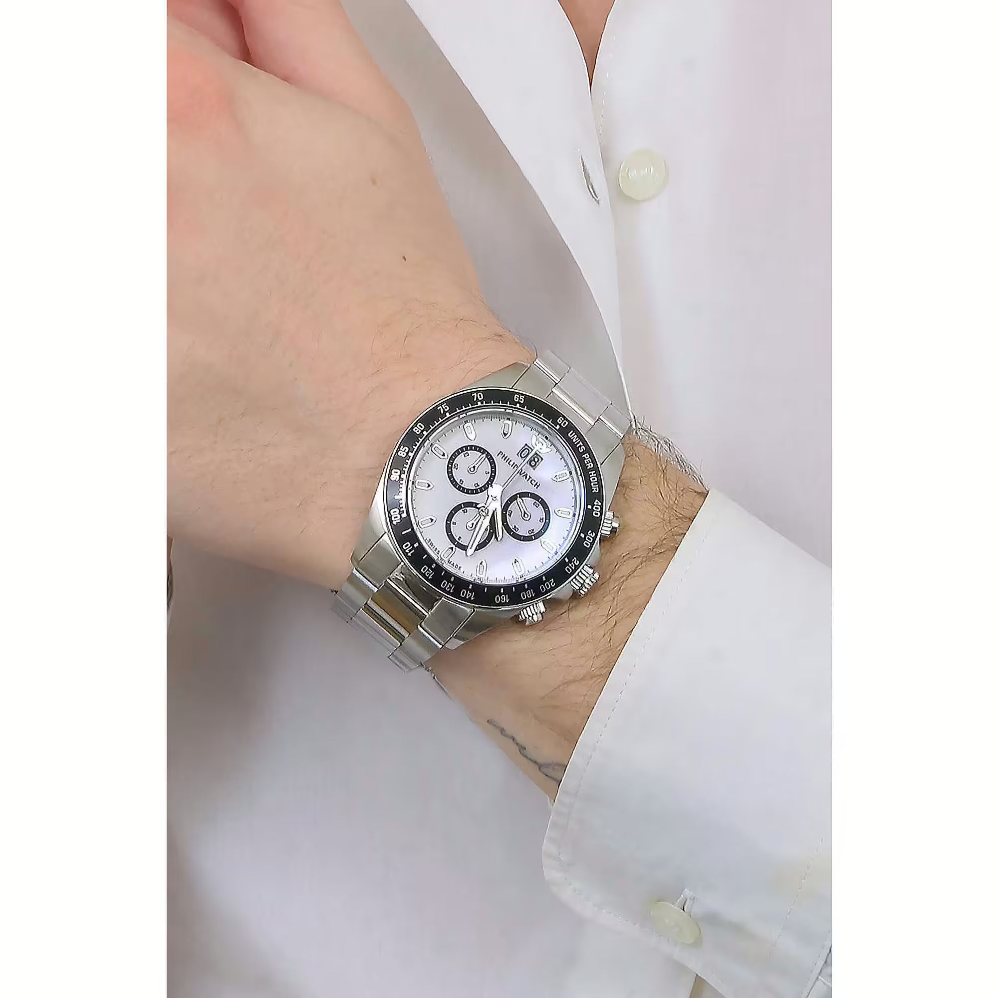 Orologio Philip Watch crono in acciaio quadrante bianco lunetta nera