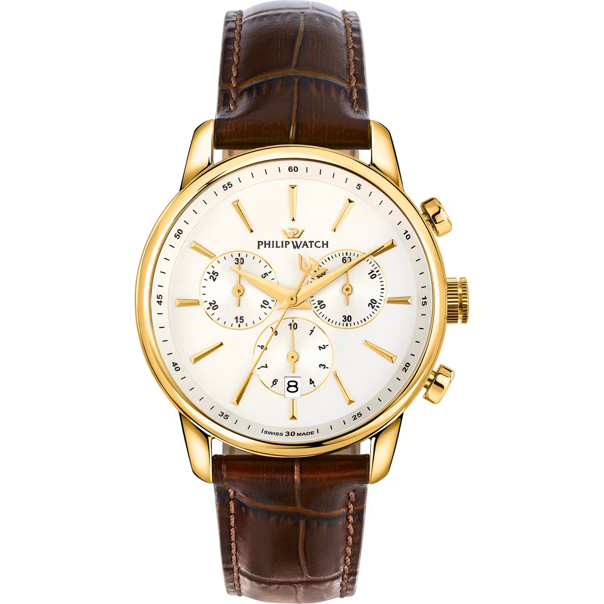 Orologio Philip Watch cronografo in acciaio dorato con cinturino di pelle marrone