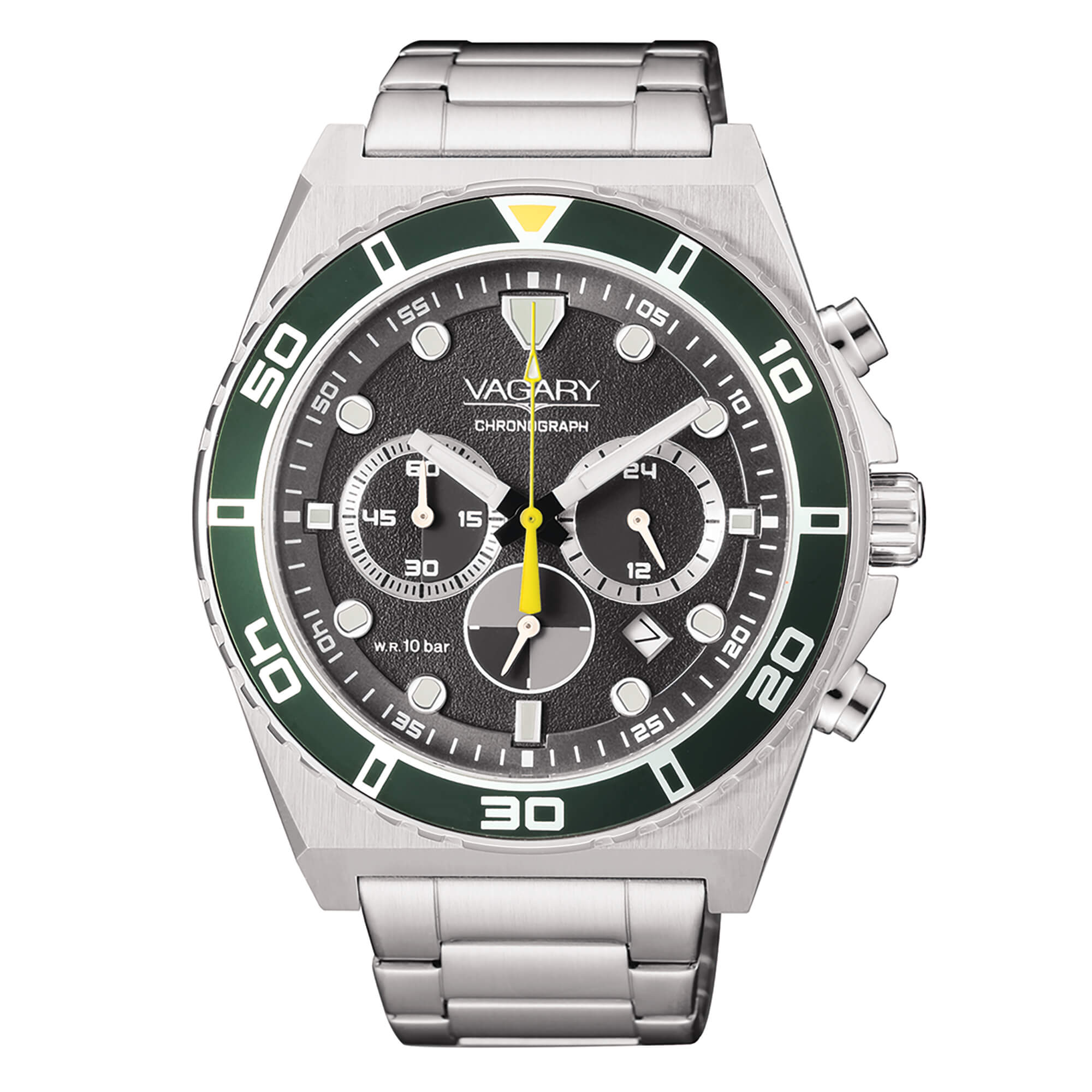 Orologio Vagary cronografo in acciaio con quadrante nero e ghiera verde