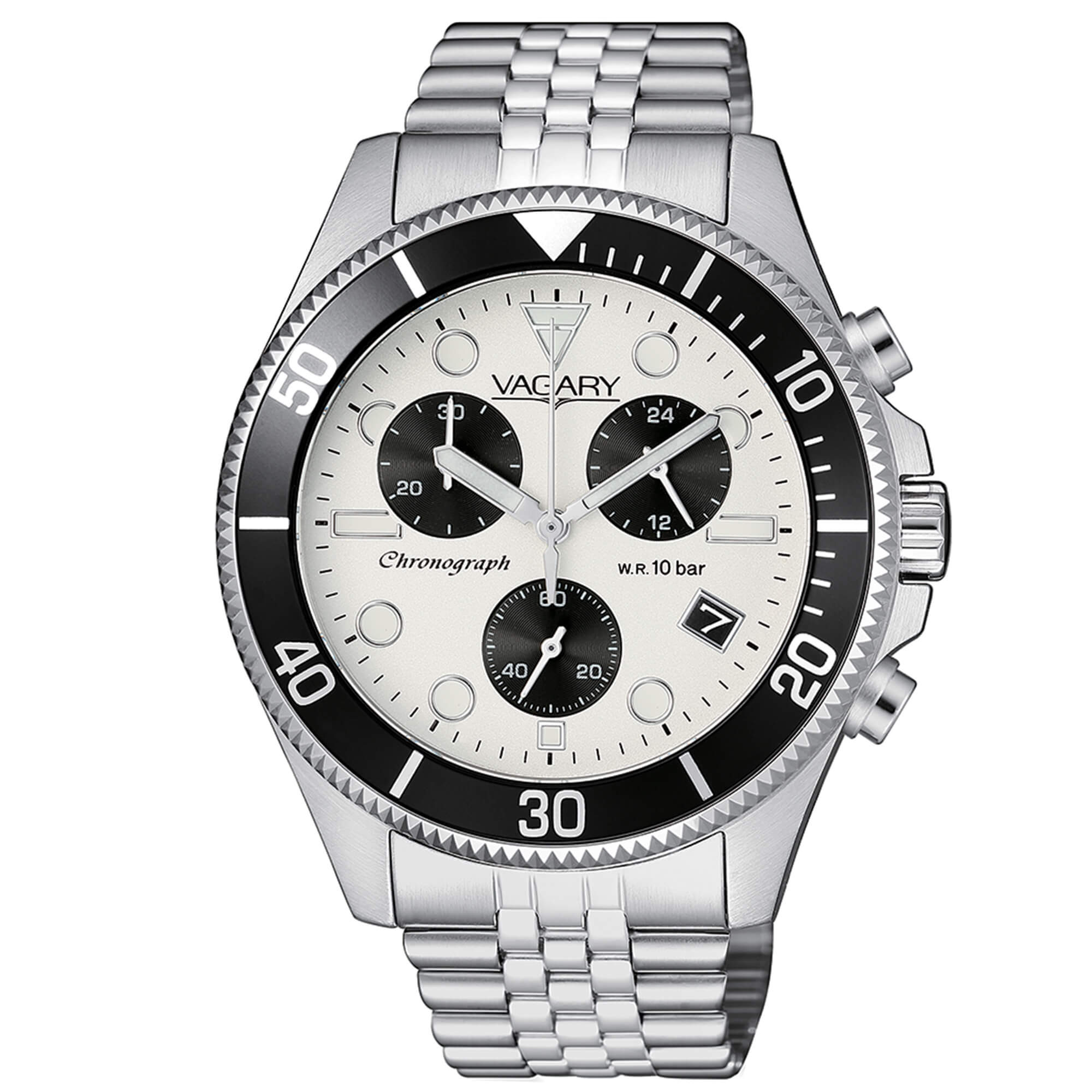 Orologio Vagary cronografo in acciaio con quadrante bianco e ghiera nera